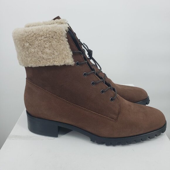 Brown Lace Up Ankle Boots Shearling Cuff Lug Sole Combat Booties - Picture 3 of 9